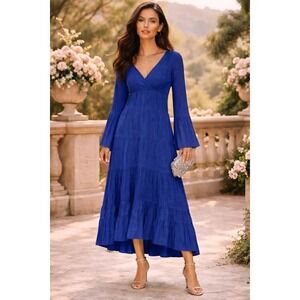 Cinq a Sept Nina Blue Tiered Satin Midi Dress Sweetheart Neck Hi Lo Midi Regency